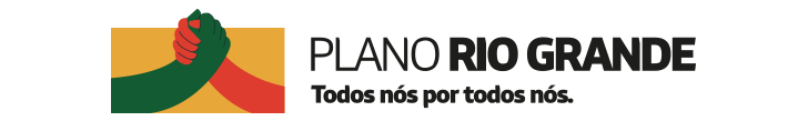 Imagem com fundo branco, com o logo do Plano Rio Grande ao centro, acima do slogan "Todos nós por todos nós", em letras menores. 