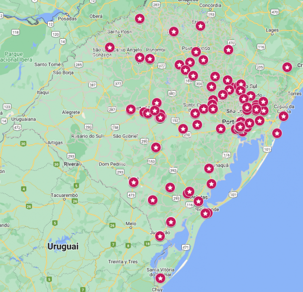 Imagem mostra mapa do Rio Grande do Sul com pontos indicativos de locais com programação no Dia Estadual do Patrimônio Cultural