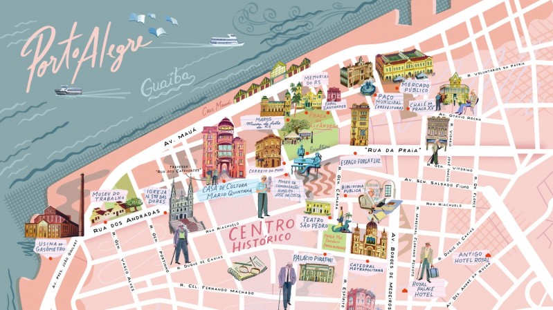 A imagem é uma ilustração estilizada do centro histórico de Porto Alegre, com um mapa que destaca locais culturais e turísticos. No fundo, vemos o rio Guaíba com algumas embarcações navegando, ao lado da inscrição "Porto Alegre" em letras cursivas no canto superior esquerdo. Próximo à margem do rio, o "Cais Mauá" é mostrado, e mais à esquerda, destaca-se a "Usina do Gasômetro", um prédio icônico da cidade. No centro do mapa, há vários pontos de interesse cultural representados por ilustrações de prédios e monumentos, incluindo a "Casa de Cultura Mario Quintana", o "Mercado Público", a "Praça da Alfândega", e o "Palácio Piratini". A "Rua dos Andradas", também conhecida como Rua da Praia, cruza o mapa de forma horizontal, e várias construções históricas se alinham ao longo dela. Há também figuras de pessoas representando a vida cultural, como um poeta na frente da Casa de Cultura e outros personagens transitando pelas ruas. O mapa enfatiza a riqueza arquitetônica e histórica da região, incluindo lugares como o "Museu do Trabalho", a "Catedral Metropolitana", o "Theatro São Pedro", e a "Cinemateca Capitólio". O estilo da ilustração é leve e colorido, com traços de desenho à mão, criando uma atmosfera lúdica que reflete a herança cultural de Porto Alegre.