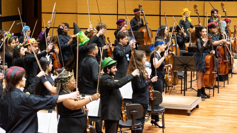 A imagem mostra uma orquestra de músicos em pé, ocupando o palco de uma sala de concerto. Todos os músicos estão vestidos de preto, mas muitos usam adereços coloridos e divertidos, como chapéus, tiaras, laços e faixas na cabeça. No canto esquerdo, alguns músicos usam chapéus de festa e acessórios floridos. No centro, há músicos com gravatas e chapéus verdes, além de uma mulher com uma saia preta e adereços floridos na cabeça. À direita, há músicos de cabelo colorido e faixas vermelhas. Todos seguram seus arcos levantados, como se tivessem terminado de tocar, em sinal de conclusão ou celebração.