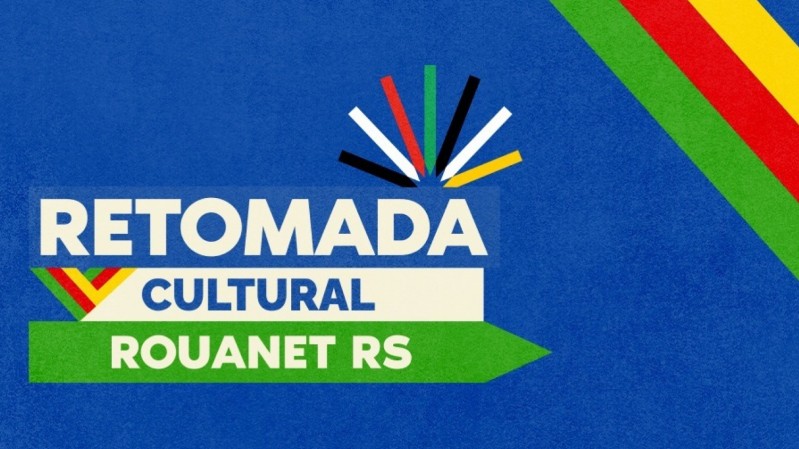 Imagem com fundo azul escuro. No canto superior direito aparecem três listras diagonais nas cores da bandeira do Rio Grande do Sul, verde, vermelho e amarelo. Alinhado à esquerda, a chamada Retomada Cultural Rouanet RS.