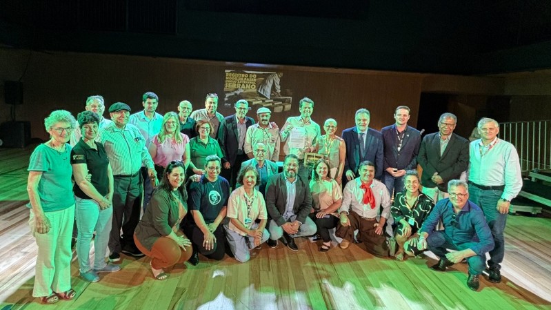 Imagem mostra a secretária de Estado da Cultura, Beatriz Araujo, ao centro do palco do Teatro Olga Reverbel, todo revestido em madeira, acompanhada de um conjunto de pessoas que se distribuem em três fileiras, a mais a frente com pessoas agachadas. 