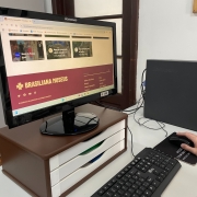 Fotografia de uma estação de trabalho com um computador desktop. Na tela do monitor, é exibido o site 'Brasiliana Museus', destacando a frase: 'A plataforma do patrimônio museológico brasileiro'. Ao lado do monitor, um gabinete da marca Lenovo está sobre a mesa, com fios conectados. Na parte inferior, um teclado preto, um mouse sobre um mousepad com o texto 'MuseCom' e a mão de uma pessoa utilizando o mouse.