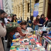 Uma feira de livros ao ar livre, em frente ao prédio da Biblioteca Pública do Estado (BPE). Diversas pessoas estão reunidas em volta de mesas cobertas com panos azuis, onde estão expostos muitos livros de diferentes gêneros e cores. Em primeiro plano, uma jovem com mochila verde e jaqueta marrom se inclina sobre a mesa para examinar alguns livros. Outras pessoas também folheiam os livros ou conversam animadamente. Ao fundo, há um grande cartaz roxo e azul que diz "BPE + Cultura"