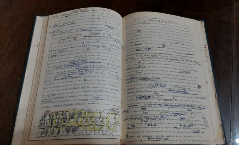 Livro aberto exibindo duas páginas com texto datilografado, amplamente marcado com anotações manuscritas em diversas cores, como azul, vermelho, preto e amarelo. As anotações incluem correções, sublinhados, setas, observações nas margens e trechos riscados. Na parte inferior esquerda, há uma sequência de círculos preenchidos com lápis de cor amarela e cinza. O livro está apoiado sobre uma superfície de madeira escura, sugerindo um ambiente de estudo ou arquivo. A imagem transmite a ideia de um processo intenso de revisão ou edição de manuscrito.
