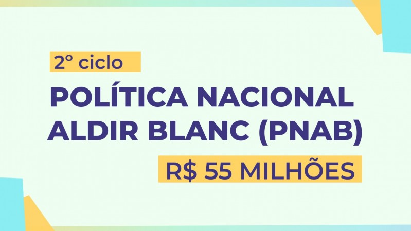 Imagem tem fundo claro, com formas geométricas nos cantos. A chamada da magem informa: 2º ciclo Política Nacional Aldir Blanc (PNAB) R$ 55 milhões.