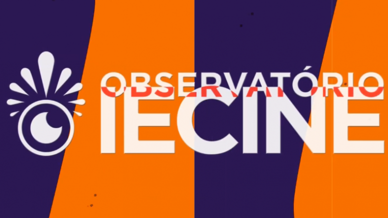 A imagem apresenta um fundo com faixas verticais em laranja e roxo. Ao centro, está o logotipo do “Observatório IECINE”. A palavra "OBSERVATÓRIO" aparece sobreposta parcialmente por uma faixa vermelha, enquanto "IECINE" está em letras grandes e brancas logo abaixo. À esquerda, há um símbolo que lembra um olho estilizado com traços dinâmicos, também em branco, remetendo a uma lente ou íris com raios ao redor.