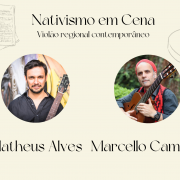 Card de divulgação do evento “Nativismo em Cena", com a temática "Violão regional contemporâneo”. No centro superior da imagem, está o título do evento em letras pretas elegantes sobre fundo bege claro. Abaixo, há duas fotos circulares lado a lado: à esquerda, Matheus Alves, homem de barba curta e camisa preta, segurando um violão; à direita, Marcello Caminha, homem com boina vermelha, colete com padrão vermelho e preto, também segurando um violão. O fundo contém ilustrações suaves de partituras e violões desenhados em traço fino, compondo o design artístico e musical do card.
