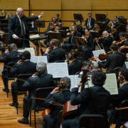 Imagem da Ospa, em apresentação, capturada de um ângulo lateral que evidencia a extensão do grupo. Em primeiro plano, músicos de costas tocam instrumentos de corda, como violoncelos e contrabaixos, com partituras abertas à frente. Ao centro, o maestro Manfredo Schmiedt, um homem usando terno preto e gravata listrada, rege com a mão direita levantada e a esquerda próxima à partitura sobre o pódio. À sua frente, está a seção de cordas com diversos violinistas concentrados. No fundo, são visíveis músicos de sopro e percussão, além de uma fileira de coralistas ou músicos de apoio. O cenário é composto por piso de madeira e painéis acústicos claros, criando um ambiente formal e acústico apropriado.
