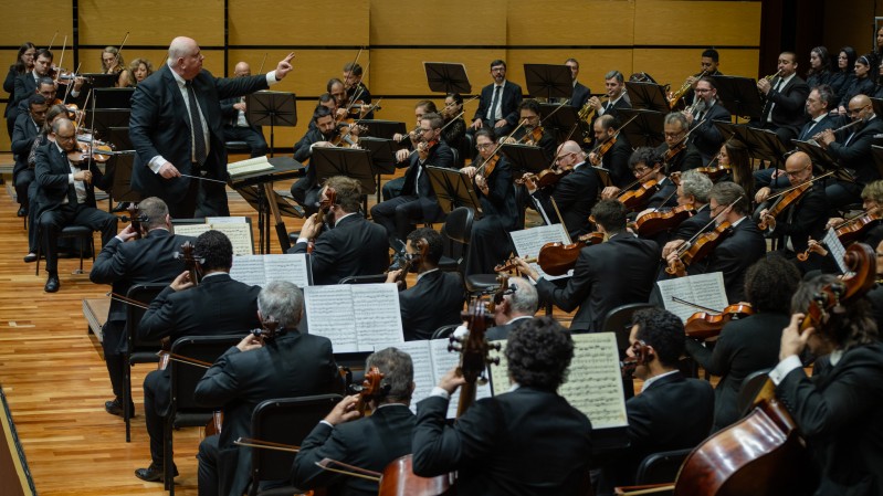 Em um palco de concertos com revestimento de madeira clara, uma grande orquestra se apresenta. No centro, uma pessoa rege com uma das m&atilde;os elevada e a outra segurando a batuta, posicionada diante de um suporte com partitura. Ao redor, dezenas de m&uacute;sicos sentados executam instrumentos de cordas, como violinos, violas e violoncelos, al&eacute;m de contrabaixos ao fundo. Todos utilizam trajes formais escuros e est&atilde;o concentrados nas partituras apoiadas em estantes individuais, formando um conjunto organizado em semic&iacute;rculo sob ilumina&ccedil;&atilde;o uniforme.