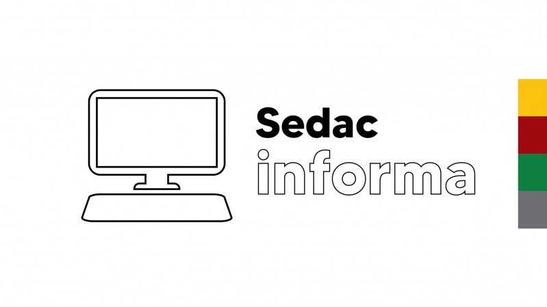 Sobre fundo branco, com detalhes em amarelo, vermelho, verde e cinza, h&aacute; o desenho de um notebook e o texto "Sedac informa"