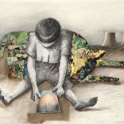 Desenho em t&eacute;cnica mista retrata uma figura sentada no ch&atilde;o, com a cabe&ccedil;a inclinada para baixo e o rosto oculto. Ao fundo, uma colagem formada por recortes de hist&oacute;rias em quadrinhos coloridas se espalha pelo cen&aacute;rio. Em segundo plano aparecem duas torres de resfriamento industriais. A composi&ccedil;&atilde;o combina &aacute;reas em preto e branco com elementos coloridos, criando contraste entre desenho e colagem.