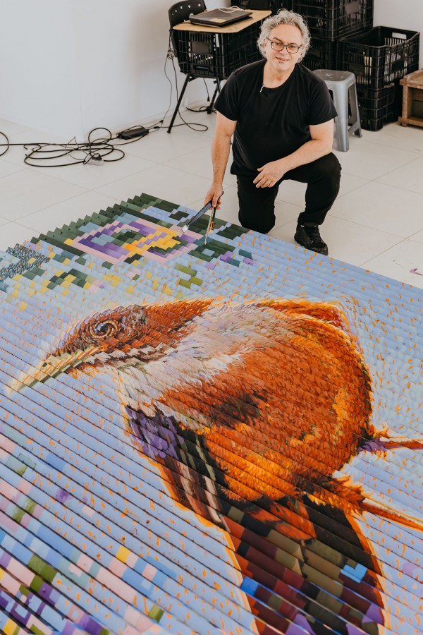Em um espaço amplo e iluminado, Claudio Ramires está ajoelhado ao lado de uma grande instalação artística, onde observa e ajusta a obra com um pincel. A peça ocupa grande parte do chão e é composta por centenas de tiras ou módulos alinhados que formam a imagem de uma ave em tons de laranja, marrom, branco e azul. O efeito tridimensional criado pela estrutura produz variações de cor e profundidade ao longo da superfície. Ao fundo aparecem caixas plásticas empilhadas, uma cadeira, um banco e cabos espalhados pelo ambiente, reforçando o contexto de montagem ou produção artística em ateliê.