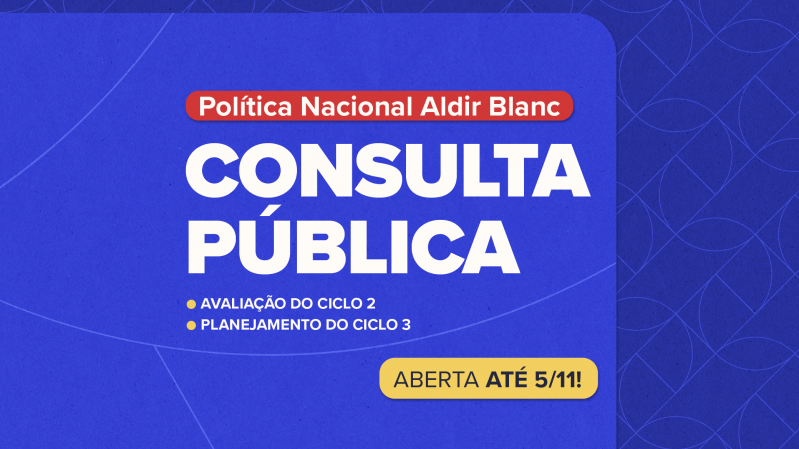 Sobre fundo azul, com detalhes em vermelo e amarelo e com letras brancas e pretas, h&aacute; os textos "Pol&iacute;tica Nacional Aldir Blanc", "Consulta p&uacute;blica", "Avalia&ccedil;&atilde;o do Ciclo 2", "Planejamento do Ciclo 3" e "Aberta at&eacute; 5/11!". 