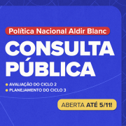 Sobre fundo azul, com detalhes em vermelo e amarelo e com letras brancas e pretas, h&aacute; os textos "Pol&iacute;tica Nacional Aldir Blanc", "Consulta p&uacute;blica", "Avalia&ccedil;&atilde;o do Ciclo 2", "Planejamento do Ciclo 3" e "Aberta at&eacute; 5/11!". 