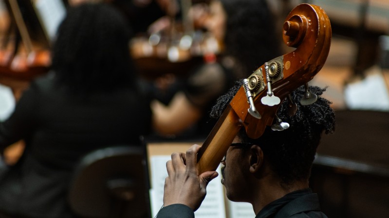 Em um ambiente de apresenta&ccedil;&atilde;o musical, a fotografia destaca, em primeiro plano, a parte superior de um contrabaixo ac&uacute;stico de madeira, com as tarraxas e o bra&ccedil;o do instrumento em foco. A pessoa que o segura aparece parcialmente de perfil, usando roupa escura e apoiando uma das m&atilde;os no instrumento. Ao fundo, desfocado, &eacute; poss&iacute;vel ver outros integrantes de uma orquestra sentados com seus instrumentos e partituras, criando uma atmosfera de concerto. A ilumina&ccedil;&atilde;o &eacute; quente e suave, real&ccedil;ando os tons amadeirados do contrabaixo e contrastando com as roupas escuras dos m&uacute;sicos. A composi&ccedil;&atilde;o direciona o olhar para os detalhes do instrumento e para o contexto coletivo da execu&ccedil;&atilde;o musical.