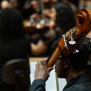 Em um ambiente de apresenta&ccedil;&atilde;o musical, a fotografia destaca, em primeiro plano, a parte superior de um contrabaixo ac&uacute;stico de madeira, com as tarraxas e o bra&ccedil;o do instrumento em foco. A pessoa que o segura aparece parcialmente de perfil, usando roupa escura e apoiando uma das m&atilde;os no instrumento. Ao fundo, desfocado, &eacute; poss&iacute;vel ver outros integrantes de uma orquestra sentados com seus instrumentos e partituras, criando uma atmosfera de concerto. A ilumina&ccedil;&atilde;o &eacute; quente e suave, real&ccedil;ando os tons amadeirados do contrabaixo e contrastando com as roupas escuras dos m&uacute;sicos. A composi&ccedil;&atilde;o direciona o olhar para os detalhes do instrumento e para o contexto coletivo da execu&ccedil;&atilde;o musical.