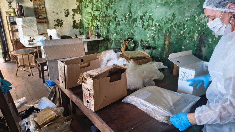 Em um espa&ccedil;o interno com piso de madeira e paredes antigas marcadas pelo desgaste do tempo, uma pessoa utiliza equipamentos de prote&ccedil;&atilde;o, incluindo m&aacute;scara, touca, avental e luvas azuis, enquanto organiza documentos acondicionados em embalagens pl&aacute;sticas sobre uma mesa. Ao redor, h&aacute; caixas de arquivo, materiais de acondicionamento e diversos objetos distribu&iacute;dos pelo ambiente. A parede ao fundo apresenta &aacute;reas extensas de descascamento e manchas, contrastando com a atividade de cuidado e organiza&ccedil;&atilde;o dos materiais documentais. A cena evidencia um processo de tratamento e preserva&ccedil;&atilde;o de acervos em meio a um ambiente repleto de itens hist&oacute;ricos e materiais de trabalho.
