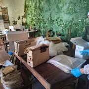 Em um espa&ccedil;o interno com piso de madeira e paredes antigas marcadas pelo desgaste do tempo, uma pessoa utiliza equipamentos de prote&ccedil;&atilde;o, incluindo m&aacute;scara, touca, avental e luvas azuis, enquanto organiza documentos acondicionados em embalagens pl&aacute;sticas sobre uma mesa. Ao redor, h&aacute; caixas de arquivo, materiais de acondicionamento e diversos objetos distribu&iacute;dos pelo ambiente. A parede ao fundo apresenta &aacute;reas extensas de descascamento e manchas, contrastando com a atividade de cuidado e organiza&ccedil;&atilde;o dos materiais documentais. A cena evidencia um processo de tratamento e preserva&ccedil;&atilde;o de acervos em meio a um ambiente repleto de itens hist&oacute;ricos e materiais de trabalho.