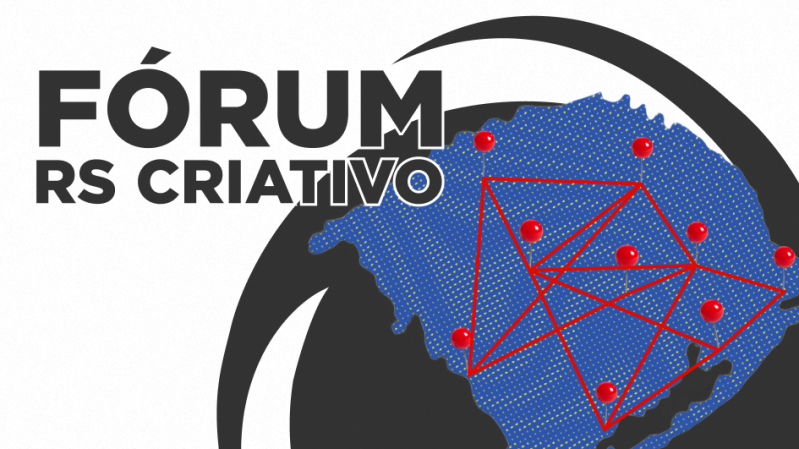 Arte gr&aacute;fica em fundo claro com elementos em preto, azul e vermelho. No canto superior esquerdo, destaca-se o texto &ldquo;F&oacute;rum RS Criativo&rdquo; em letras grandes pretas. Ao centro e &agrave; direita, h&aacute; a silhueta azul do mapa do Rio Grande do Sul preenchida por pequenos pontos amarelos. Sobre o mapa, diversos pontos vermelhos s&atilde;o conectados por linhas vermelhas, formando uma rede que atravessa diferentes regi&otilde;es do estado e sugere integra&ccedil;&atilde;o, colabora&ccedil;&atilde;o e compartilhamento de informa&ccedil;&otilde;es. Ao fundo, grandes arcos pretos curvos envolvem parcialmente a composi&ccedil;&atilde;o, criando profundidade visual e refor&ccedil;ando a ideia de conex&atilde;o entre territ&oacute;rios e agentes da economia criativa.
